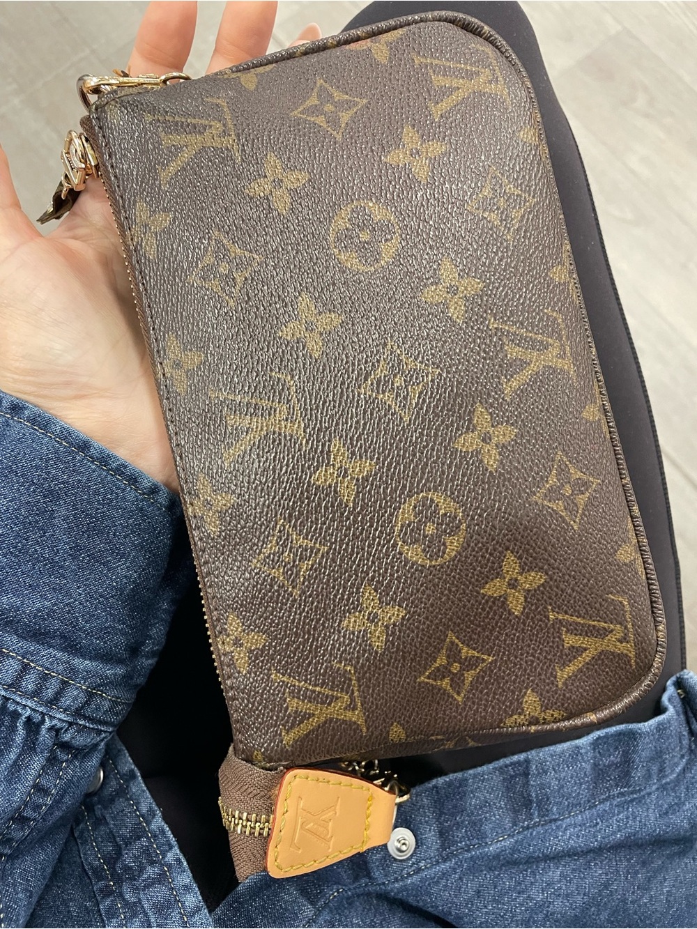 Auth Louis classic monogram genuine pochette shoulder bag with upcycled strap